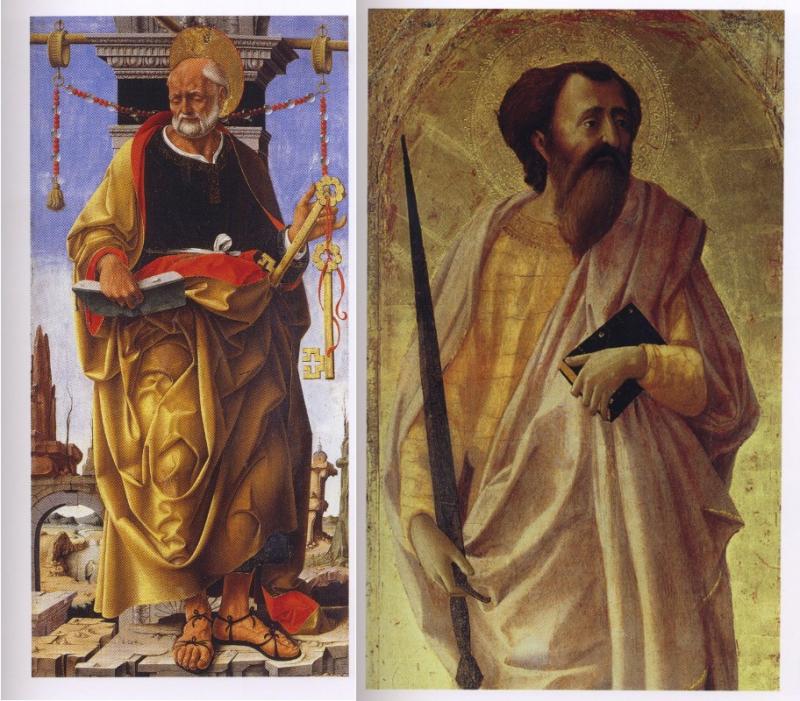 baloldali kép: Francesco del Cossa: Szent Péter - részlet a Griffoni többtáblás oltárképről, 1473 körül, Milánó, Brerai Képtár - jobboldali kép: Masaccio: Szent Pál - részlet a pisai többtáblás oltárképről, 1426, Pisa, Szent Mátyás Nemzeti Múzeum